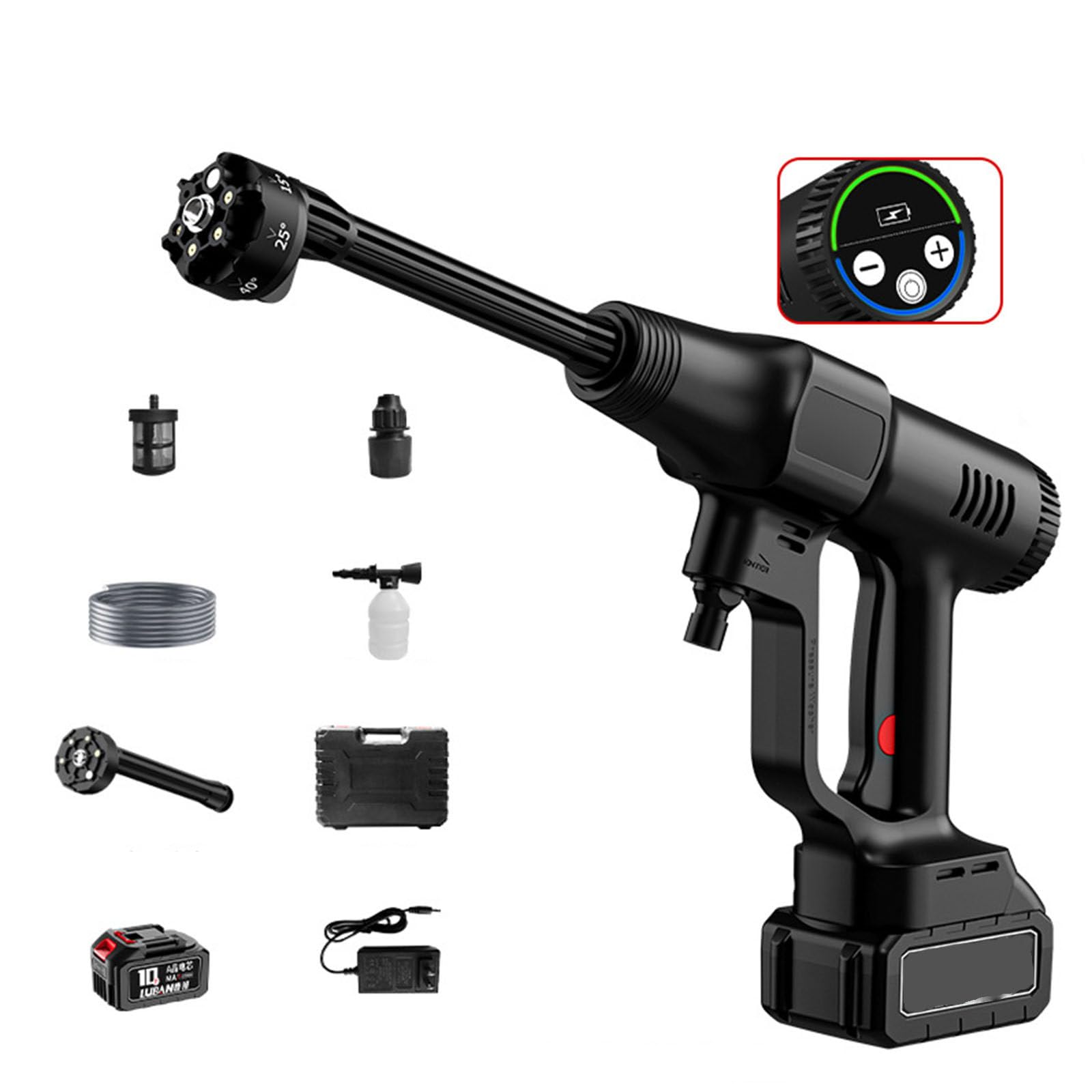 Billg Hidrolimpiadora de Alta Presion Inalámbrica, 2 Niveles Pistola de Agua a Presión Portati, Pantalla LED, Boquilla 6 en 1, Manguera de 5M, 145 PSI Lavadora a Presión Sin Cable con Baterías