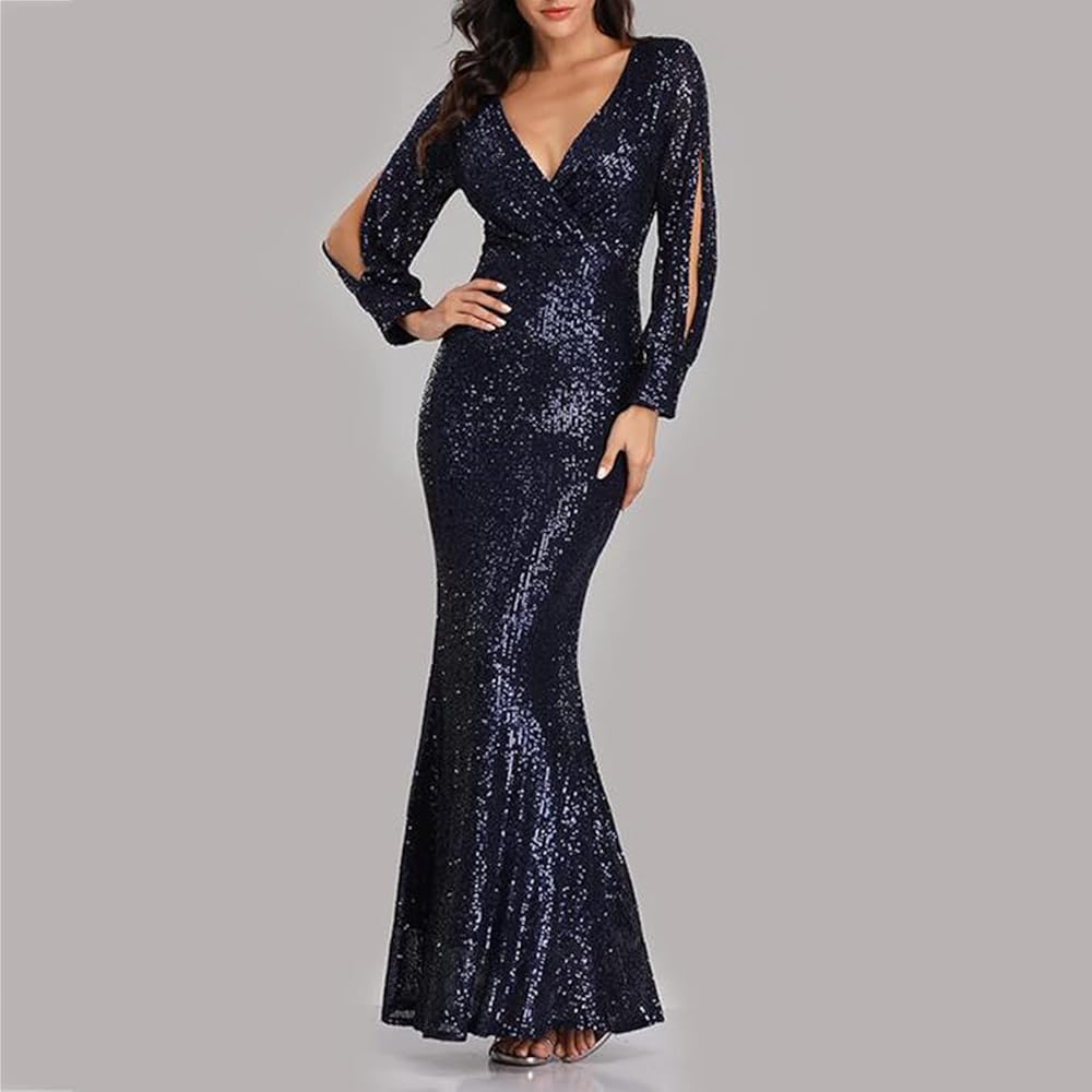 Sequin Maxi Dress for Women Long Sleeve V Neck Wrap Bodycon Dresses Sexy  Cocktail Party Night Club Long Dress, Navy, Small : Amazon.ca: Clothing,  Shoes & Accessories