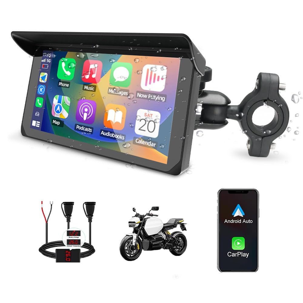 VSYSTO Écran Carplay Moto, Carplay sans Fil et Android Auto Navigation GPS pour Moto, Tactile étanche IP67 de 5 Pouces avec Dual Bluetooth, Siri, Assistant Vocal, Double Port USB, Support