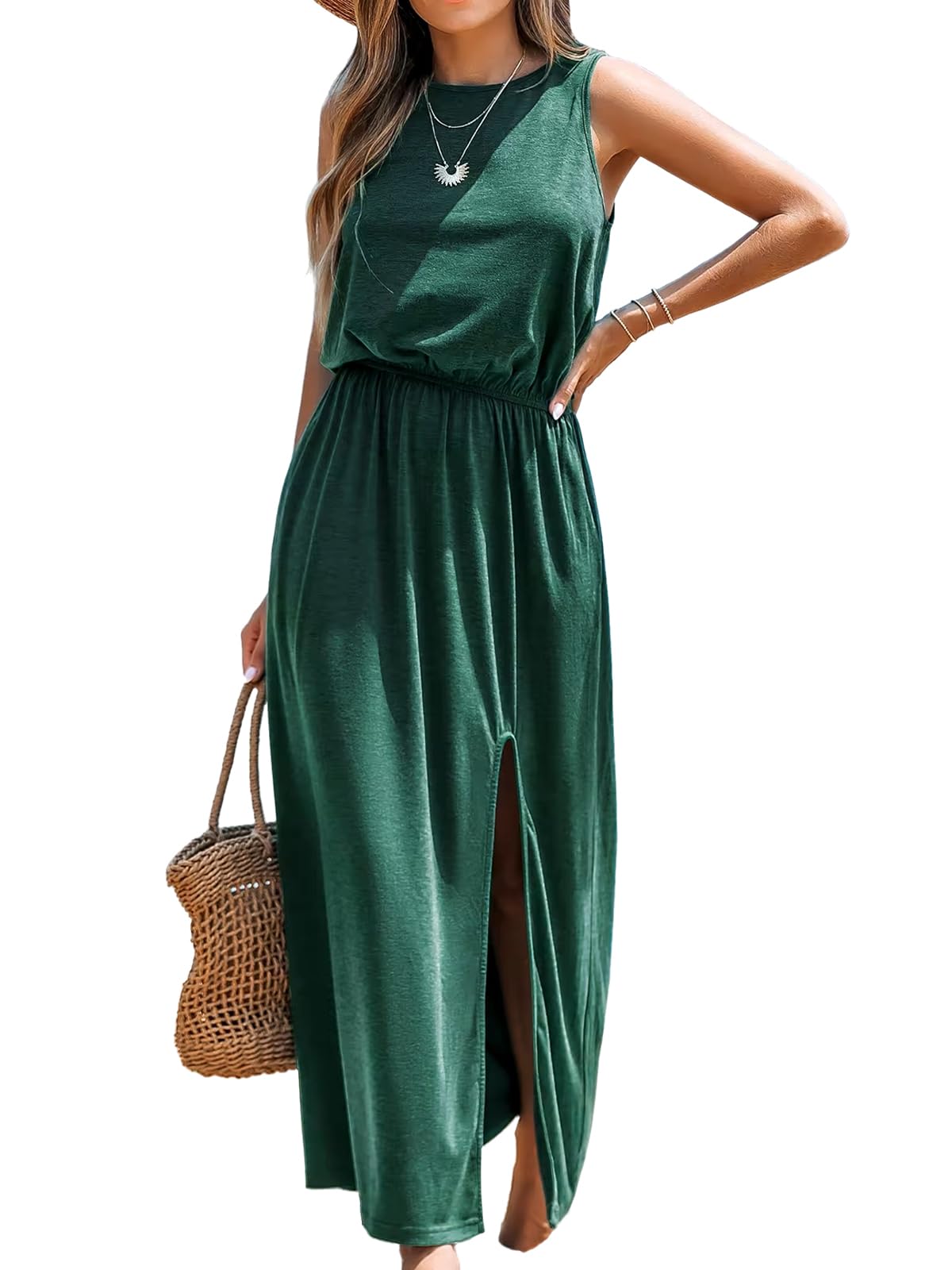 CUPSHE Women's Summer Dress Knitted Round Neck Sleeveless Beach Dress Side Slit A-line Casual Dresses Maxi Dress