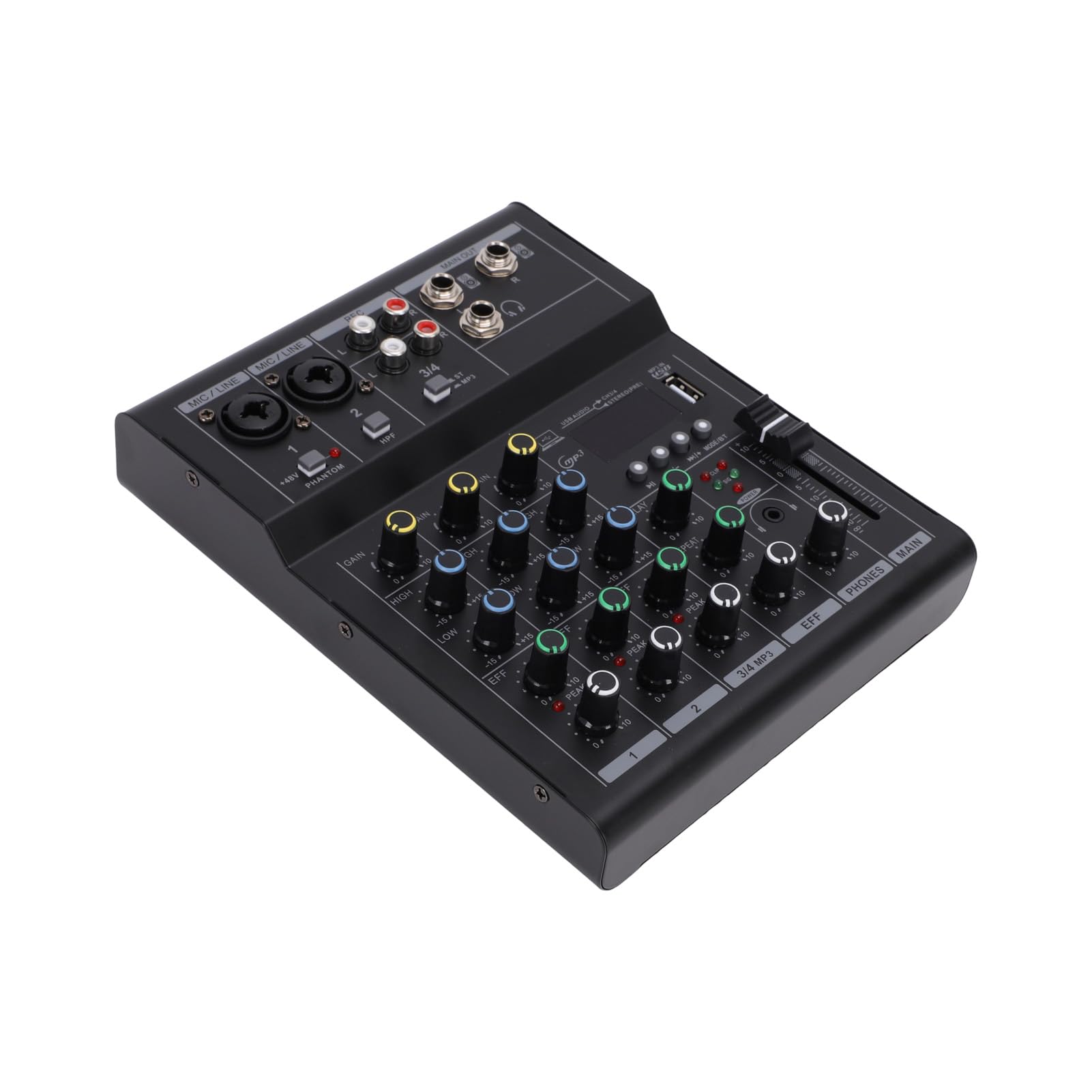 4-Kanal-Mini-Audio-Mixer, BT MP3 USB 48 V Phantomspeisungs-Mixer, Integrierter Gitarrenverstärker- mit DJ-Mischbrett-Design, Ideal für Mikrofone, Gitarren, Keyboards und Studioaufnahmen