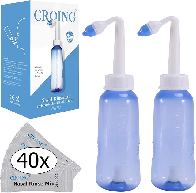 CROING - 40 x Salt + 2 x Sinus Rinse Bottle (300ml), Nasal Rinse Kit,Neti Pots, Nasal Irrigation