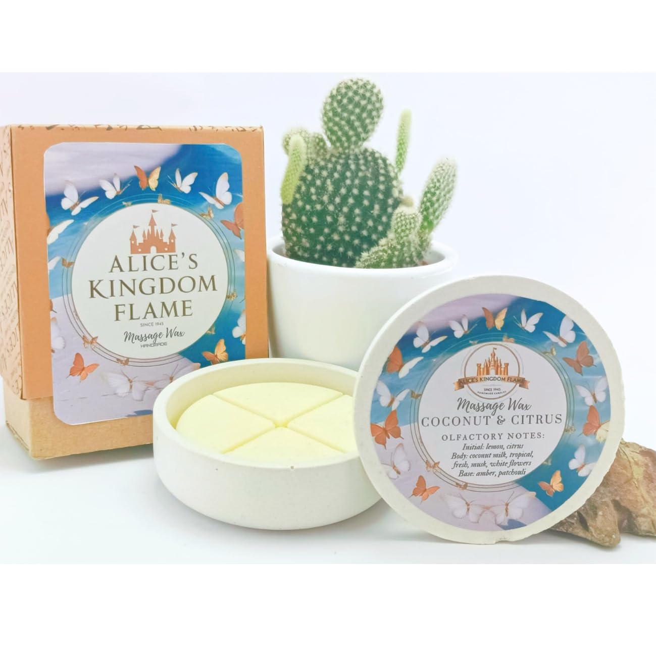 Alice's Kingdom Flame Massage Wax (Cera de Masaje candle) -Coconut & Citrus, Vanilla, Passion Fruit, Deep Seduction, 40g + 5ml Aceite de Almendra (Coco & Citrus)