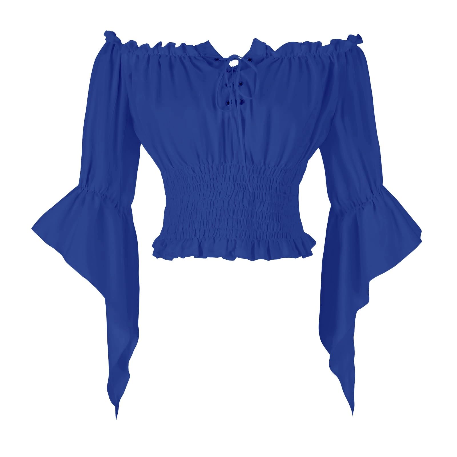 HAOLEI Women Victorian Tops Off Shoulder Ruffle Shirts Elastic Waist Medieval Costumes Renaissance Pirate Trumpet Long Sleeve Peasant Blouses Blue