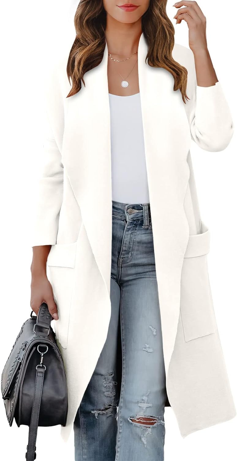 Damen-Strickjacke, langärmelig, vorne offen, lässig, drapiert, mit Taschen, lange Jacken