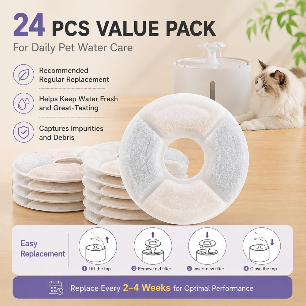 24 Filter Katzenbrunnen für Comsmart Stainless Steel Cat Water Fountain Aktivkohle Ersatzfilter Rund Filterkartusche für Katzen Hunde Trinkbrunnen
