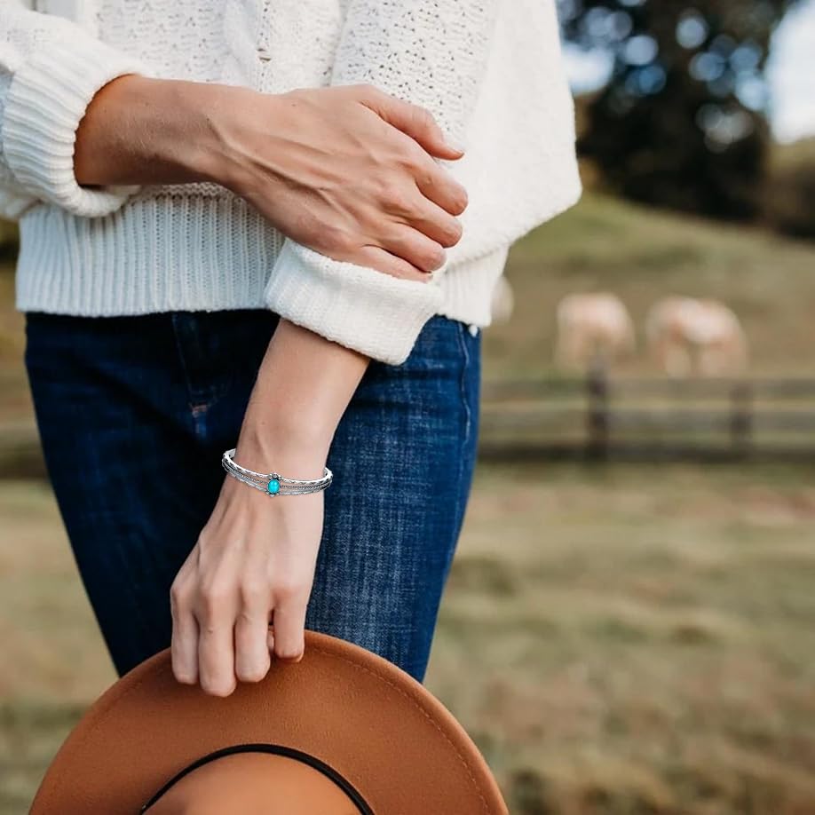 Genuine Turquoise Bracelet, Sterling Silver Boho Adjustable Bangle Cuff Native American Vintage Jewelry for Women, Fit for 6.5 7 7.5 Inches2