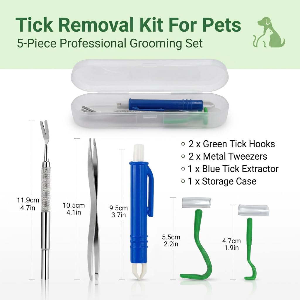 5 pcs Pinces Tiques avec Étui pour Chien Chat Humain, Protection Contre Les Tiques 5 en 1 avec 2 Crochet à Tiques 2 Metal Tweezers 1 Blue Tick Extractor