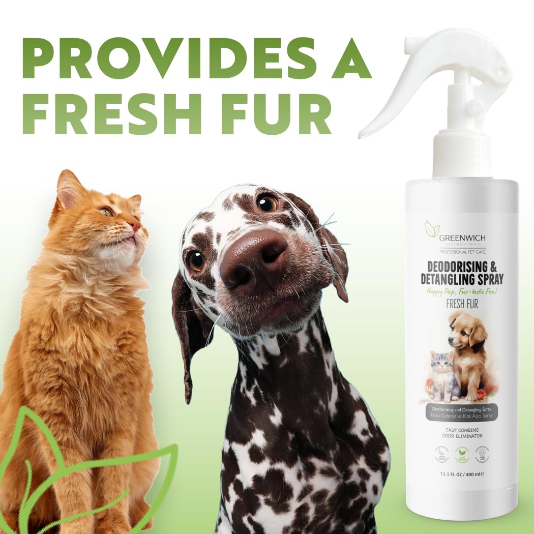 Greenwich 100% Vegan Entfilzungsspray & Deo Hunde Katzen 400 ml, Fellpflegespray, Sanfte Formel Welpen, Anti Filz Entwirrungsspray, Fellspray, pH-Wert