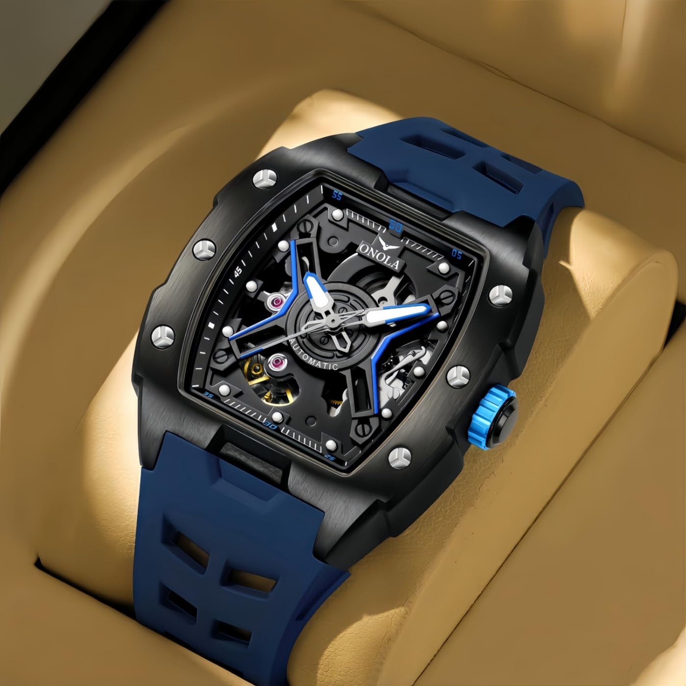 Moda w kształcie beczki wina męski wydrążony mechaniczny zegarek szkielet design silikonowy pasek wodoodporny sportowy w pełni automatyczne zegarki na rękę