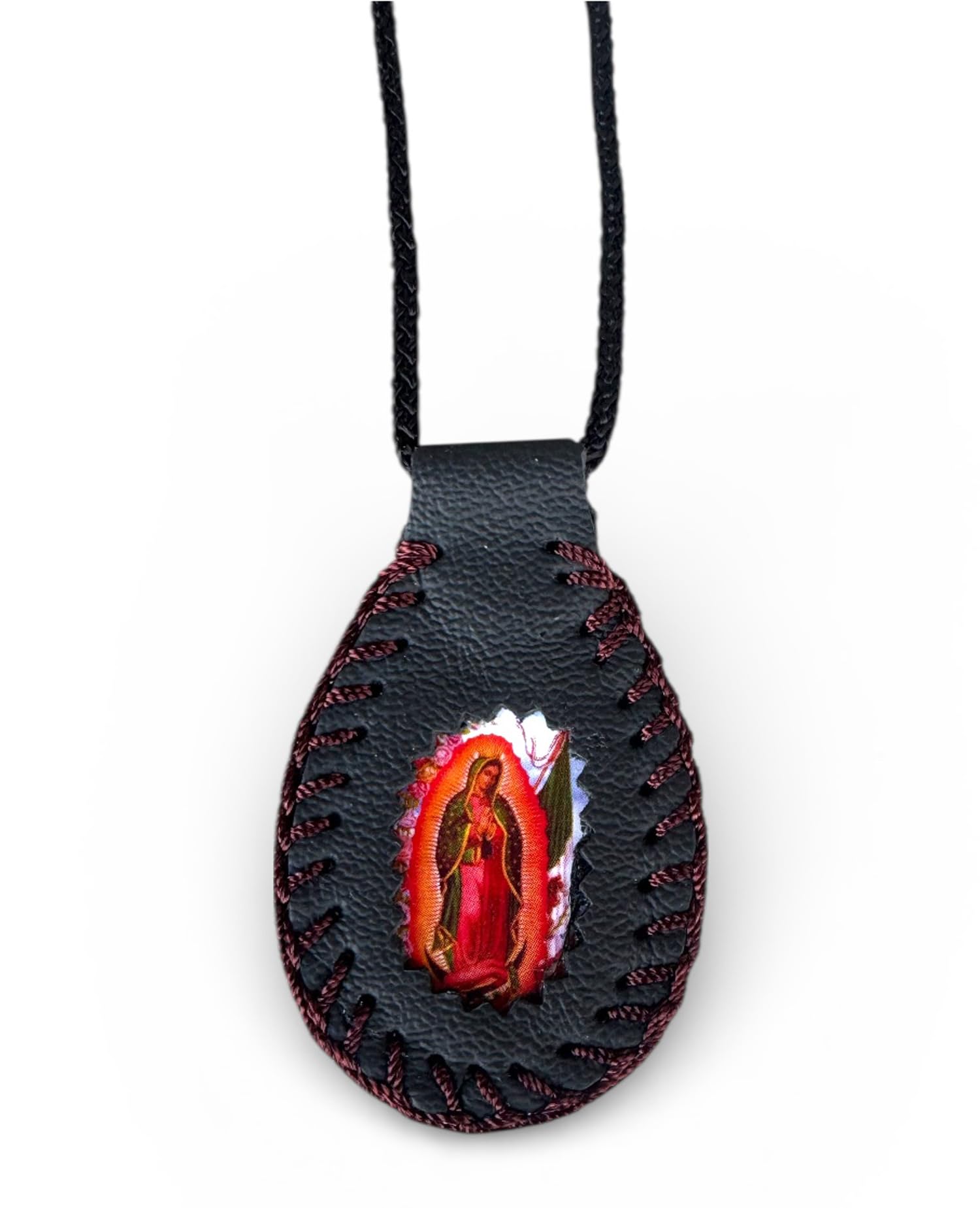 Our Lady of Guadalupe Black Leather Scapular Necklace Escapulario Negro Virgen Guadalupe Collar Religious Gift