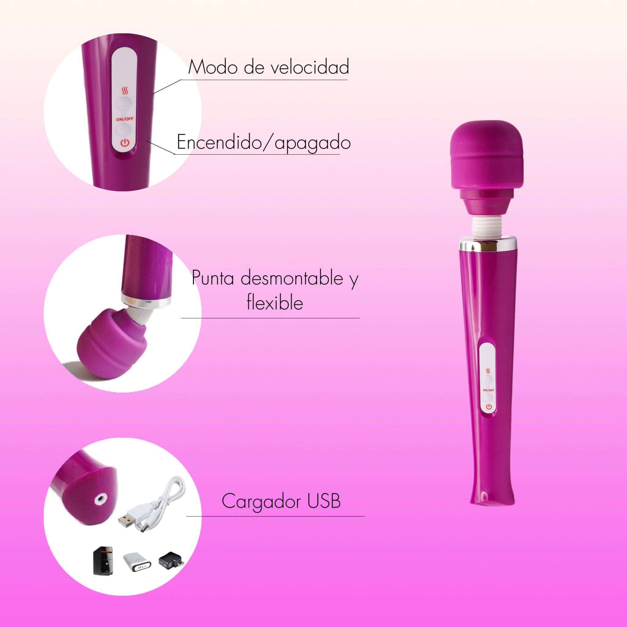 Varita Mágica Vibradora – Masajeador Potente y Silencioso para Mujer, Cabezal Flexible, 10 Modos, Recargable USB, Impermeable IPX7, Silicona Médica Suave