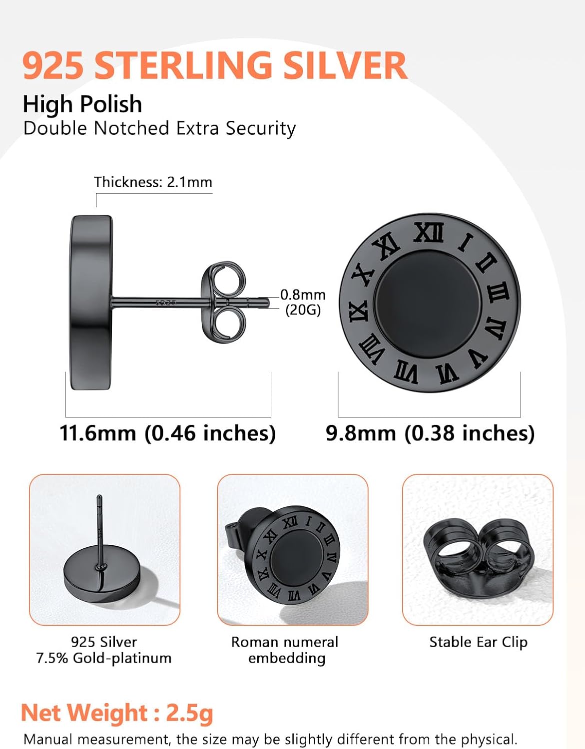 Round Stud Earrings with Natural Black Onyx for Mens Boys Hypoallergenic 925 Sterling Silver Roman Numerals Studs For Sensitive Ears