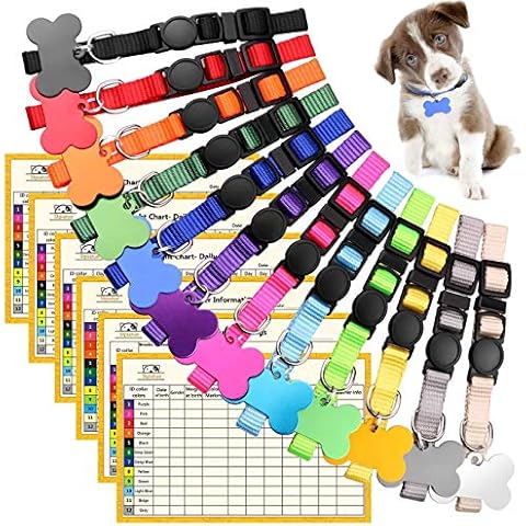 Upgraded Puppy Collars for Litter Puppy ID Collars Whelping Supplies Soft Nylon Breakaway Coloured Collars with 12 ID Tags and 6 Record Keeping Charts(M) Cover