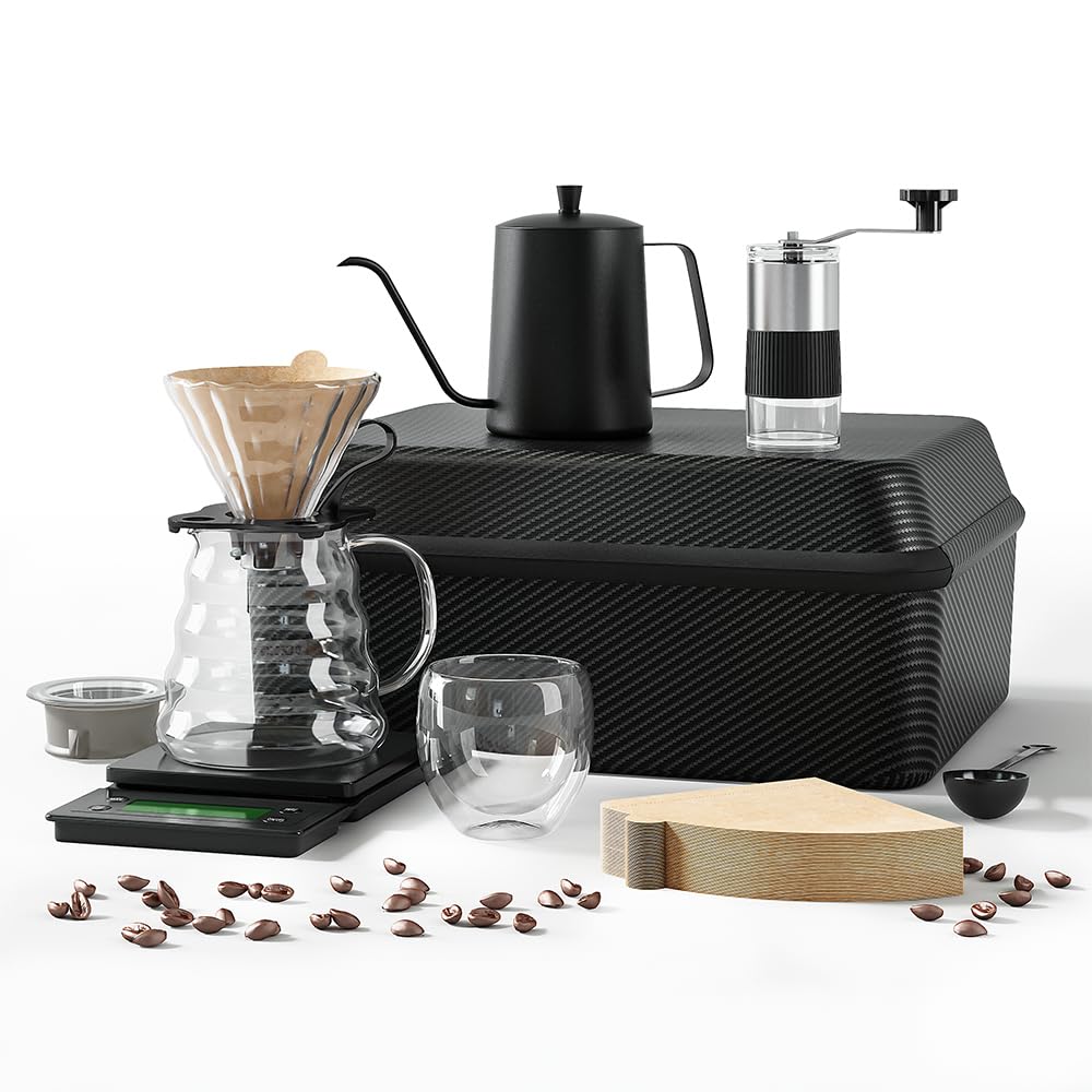 Arabest V60 Coffee Maker Set, Pour over Coffee Maker Set with Portable Carry Case, Coffee Scale, Coffee Pot, Coffee Filter, Coffee Grinder