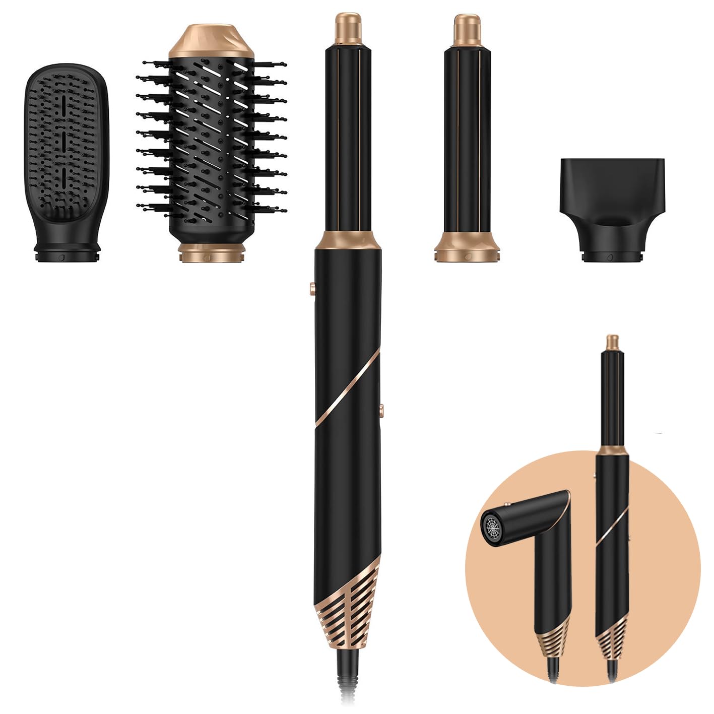 4 en 1 Secador Pelo golden Goods, Air Styler, Cepillo Secador de Pelo, 5 Accesorios para Peinado, Cepillo Alisador Pelo Rizador, Pelo Ondas Secador de Pelo Caja Regalo Mujer, Edición Negro/Oro
