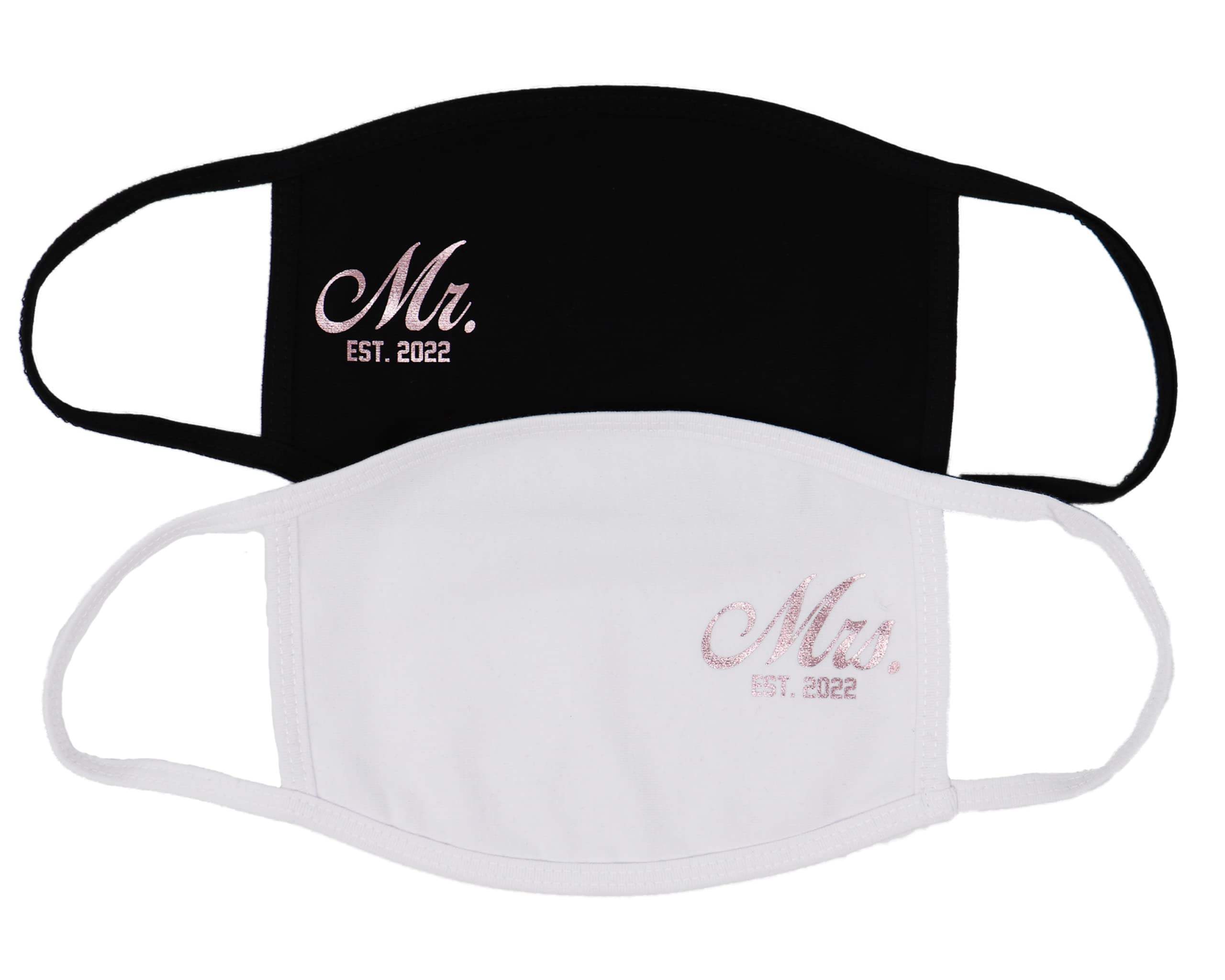 Mr Mrs Face Mask Gift Set Side Print Newlyweds Wedding Party Custom Made in USA Double Layer Breathable Comfy Cotton (22 Rose Gold), Multicolored