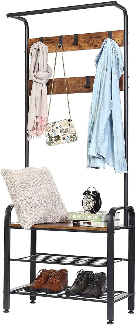 Coat Rack Shoe Bench, 4 in 1 Design Hall Tree with Shoe Storage for Entryway, Industrial Accent Furniture with Metal Frame, 9 Hooks, Rustic Brown