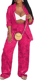HBQ Women's Casual Two Piece Outfits Loose Fit Botton Down Shirt Blouse High Waist Wide Leg Pants With Pocket Sets