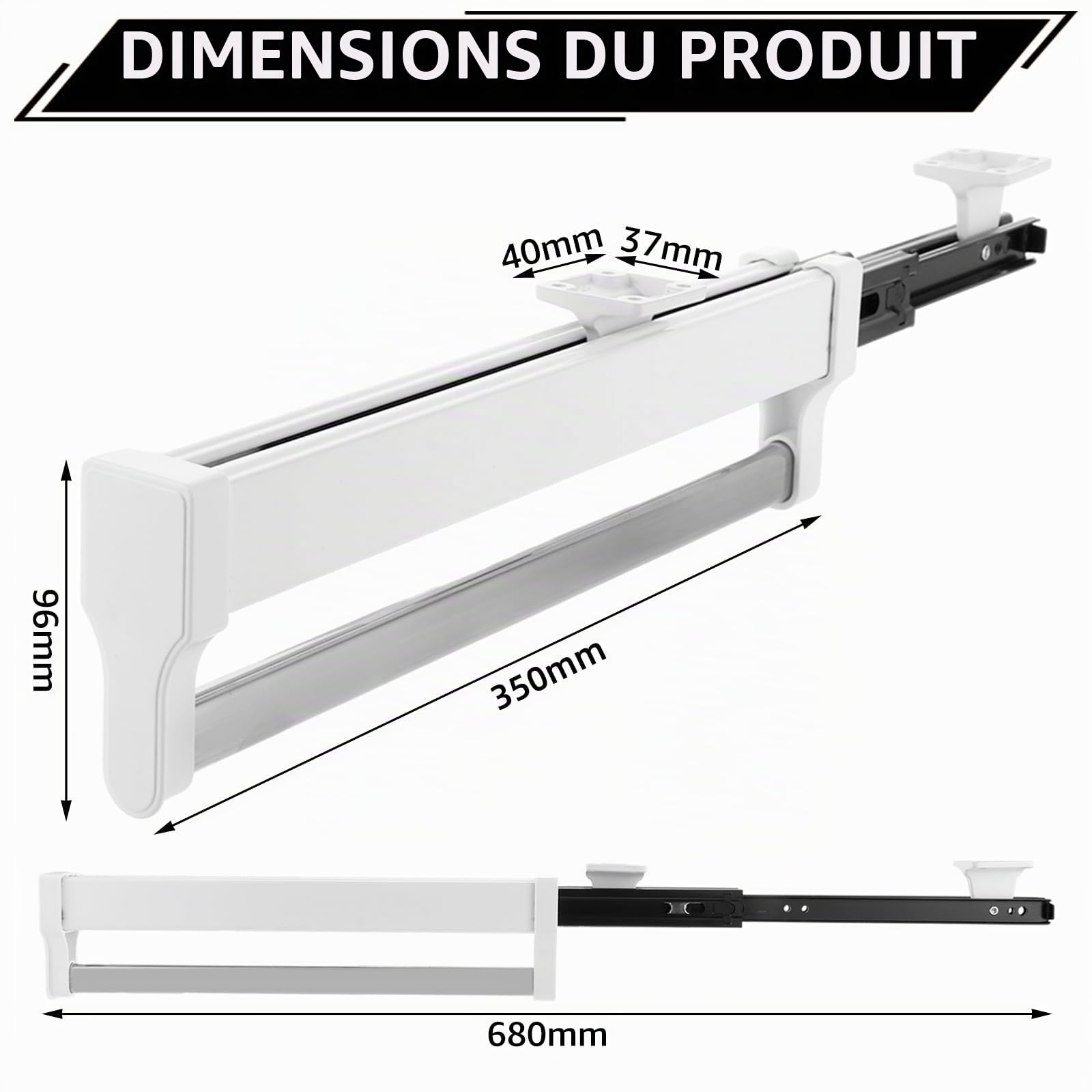 Lot de 2 tringles à vêtements extensibles avec 2 rails coulissants, réglables de 35 à 68 cm, blanc, tringle à vêtements extensible, pour armoire, charge maximale : 25 kg