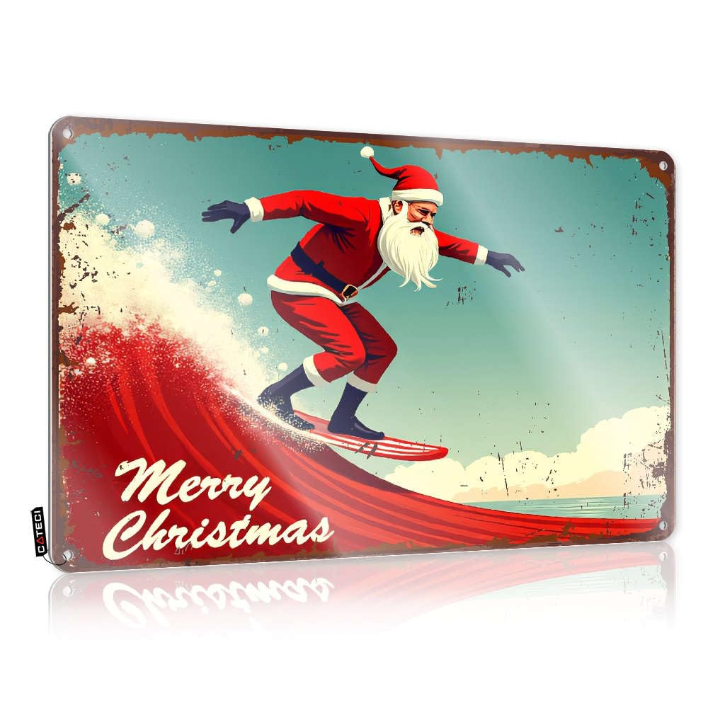 Sujd Colour Artwork Man Cave Bar Art - Surfing Santa Claus Wishes You A Merry Christmas! Personalized Name Rustic Wall Hanging(20X30cm)
