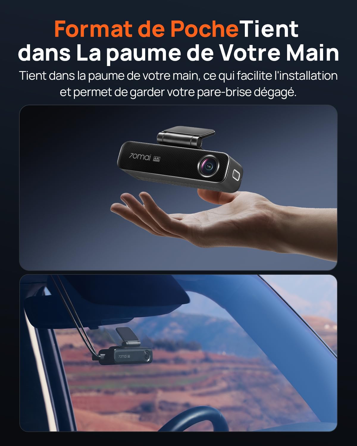 70mai Dash Cam 4K M800 Avant et Arrière, Capteur STARVIS 2 IMX678, Vision Nocturne, Ouverture f/1.7 Double HDR, Compatible 4G LTE & Wi-FI 5 GHz, eMMC Intégrée de 128 Go, GPS, Commande Vocale