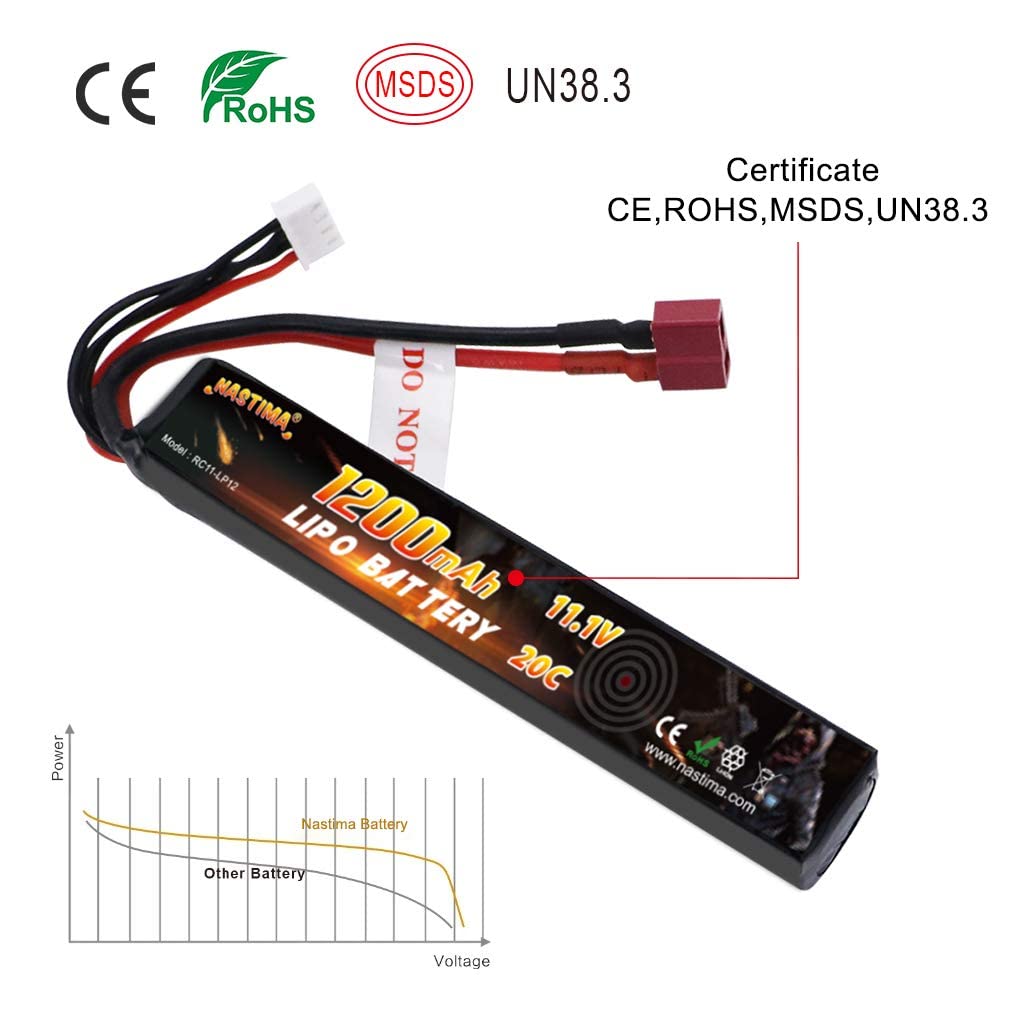 NASTIMA 11.1V 1200mAh Airsoft Stick Batteria, 3S 20C Lipo Batteria con Connettore Deans-T per Airsoft Guns AK47, MP5K, MP5, Scar, M249, AUG, AEG