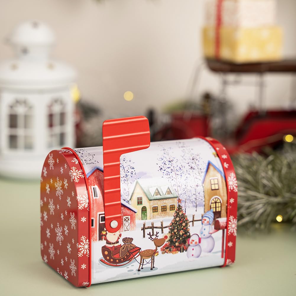 Cute Christmas Tinplate Cookie Box Mailbox Small Decorative Tin Mailbox Metal Cookie Tins Empty Tins Mini Christmas Storage Container for Candies Cookie for Xmas Supply Party Favors