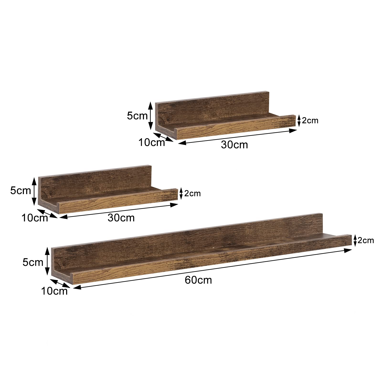 WOLTU Set di 6 Mensola da Muro, Mensola Sospesa, Scaffale da Parete in MDF per Soggiorno, Cucina, Camera da Letto, Ufficio, vintage, marrone, RG9491hov-2