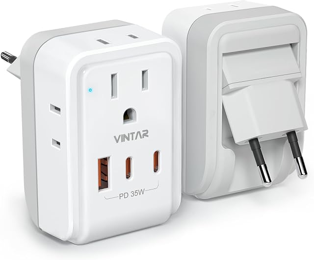 1 Adaptateur de prise de voyage européen Pack, VINTAR PD 35W Adaptateur pliable de type C avec 4 AC Sorties 3 USB Ports(2 USB C), Chargeur de voyage pour le Canada vers la majeure partie de l'Europe Italie Espagne France Portugal