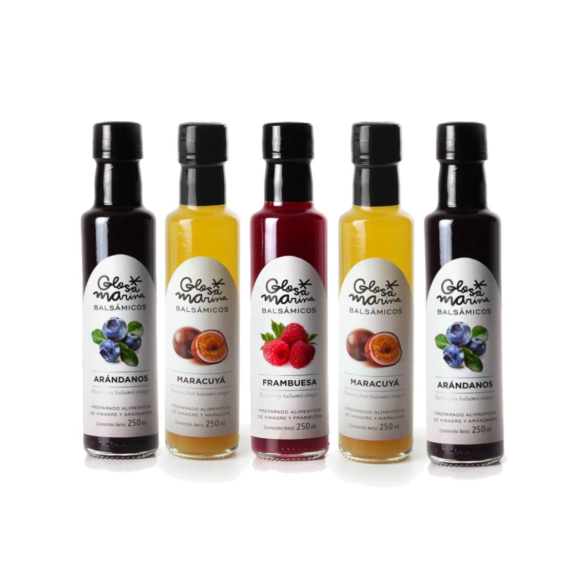 GLOSA MARINA 5er Gourmet Paket *HEIDELBEERE, MARACUJA, HIMBEERE* Crema Balsámica de Arandanos, Maracuyá, Frambuesa - Balsamico Gourmet Essig Creme (5 x 250ml)