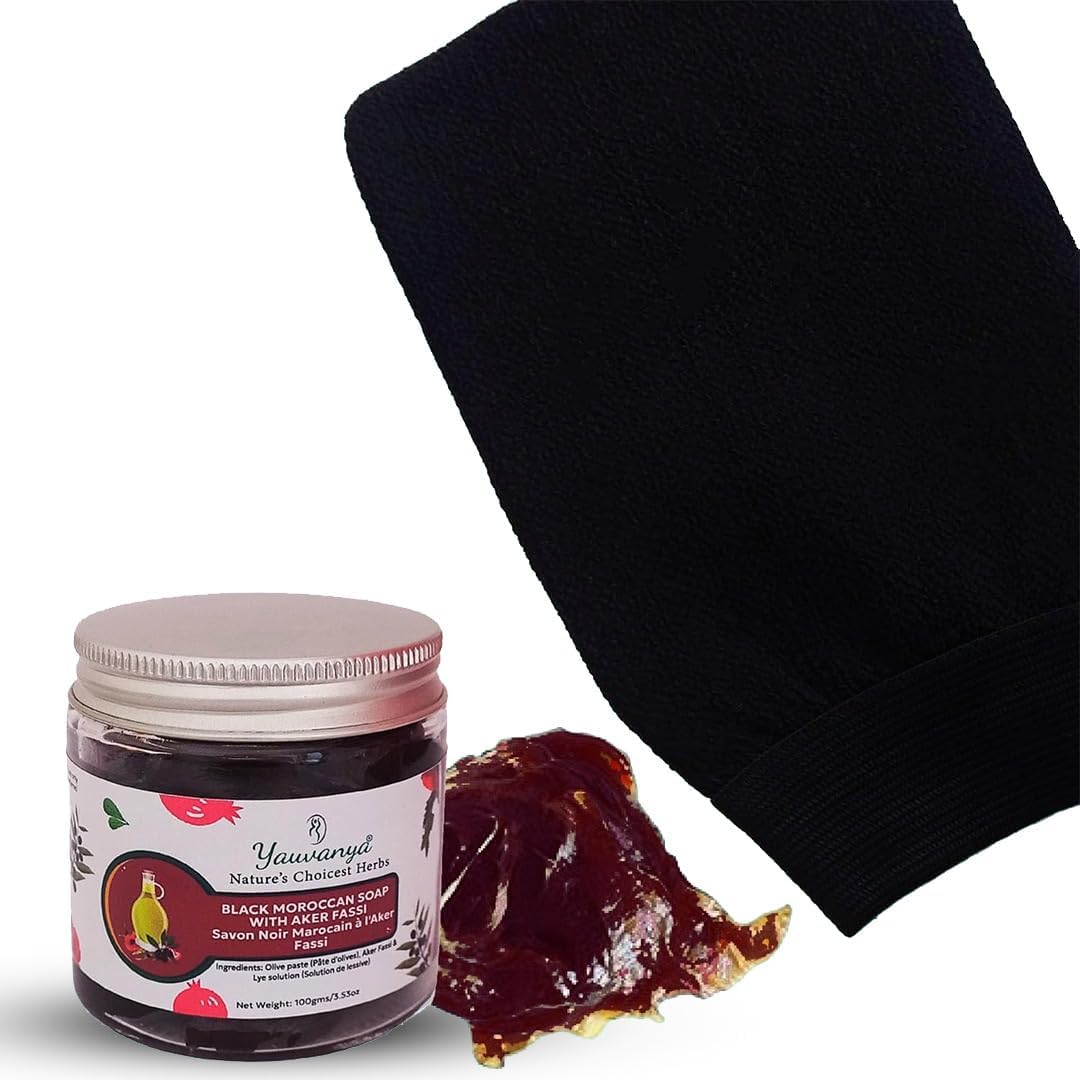 Combo Pack 1 Black Moroccan Beldi Soap with Aker Fassi + 1 Moroccan Kessa Glove for Body