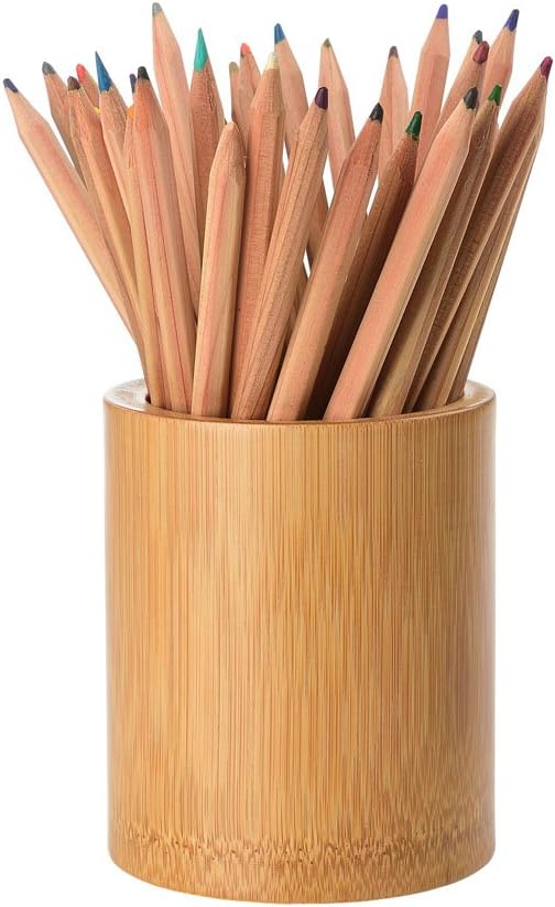 Natural Bamboo Wood Desk Pen Pencil Cup Holder Stand, Office Desk Accessories Supplies Organizer and Makeup Brush Holder