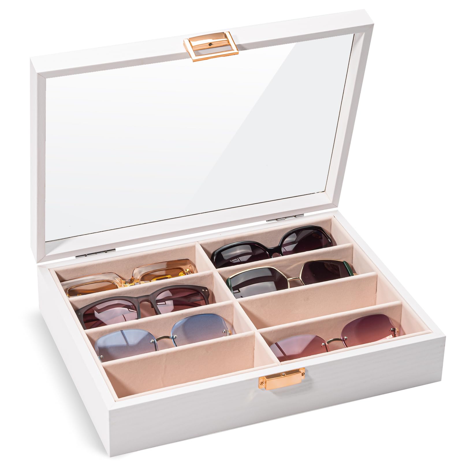 ProCase 8 Slots Wooden Sunglasses Organizer Trays for Men Women, Glass Display Case Multiple Pairs Eyewear Eyeglass Holder Storage Box -White