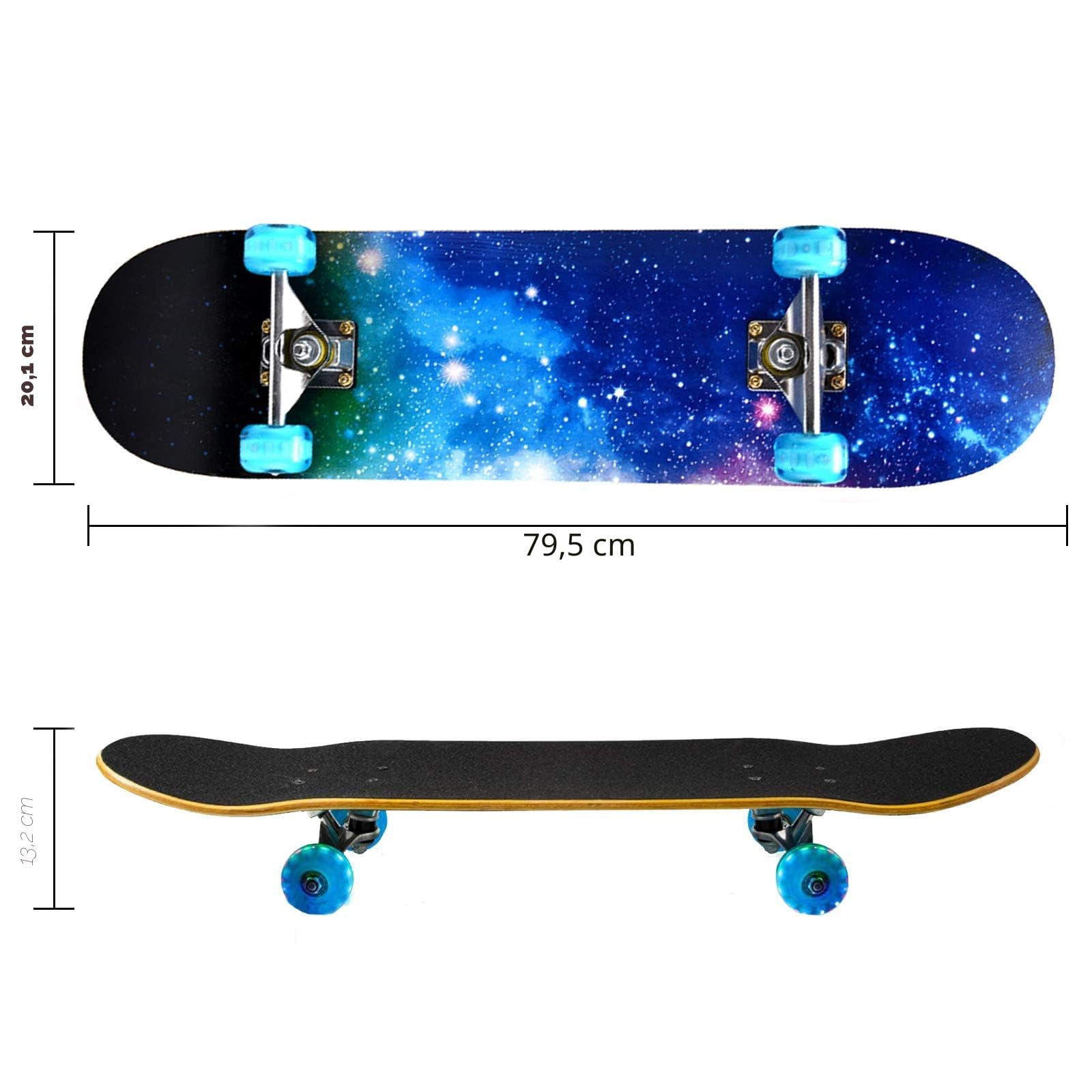Skateboard Komplett 78,7 x 20,3 cm 9 Schichten Kanadisches Ahornholz Blinkende Räder Blau