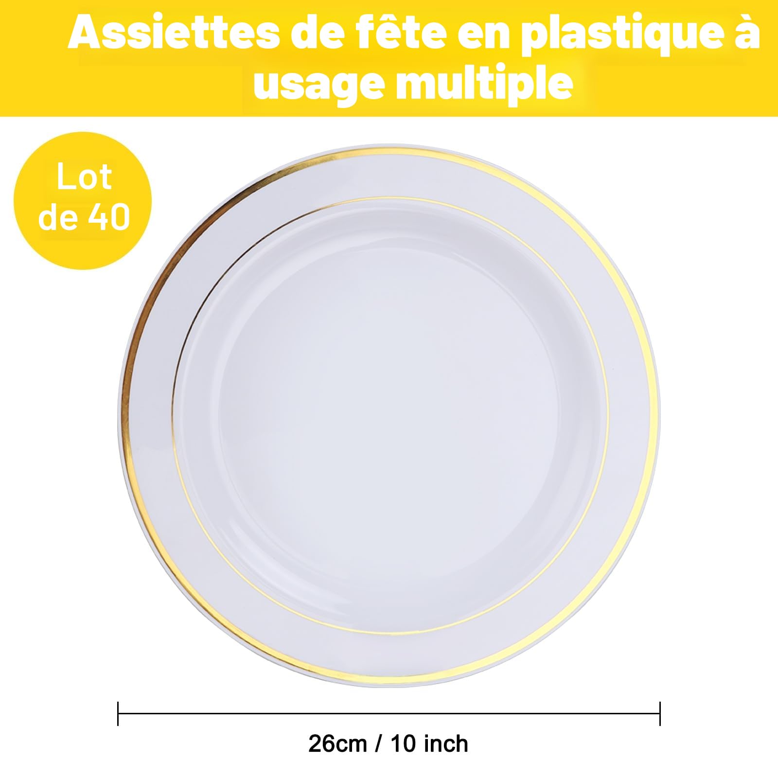 Assiettes en Plastique Réutilisables Blanches de 26 cm - Lot de 40 pour Fête (Blanc & Or)