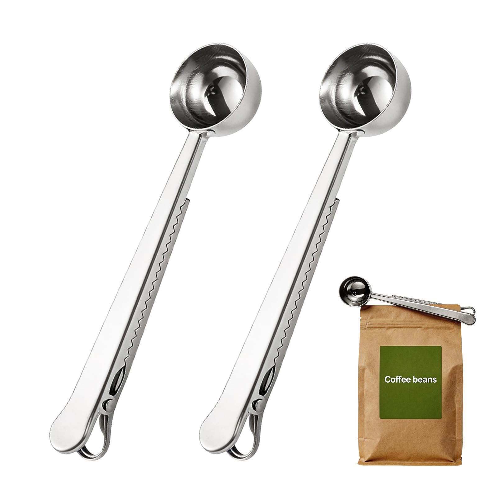 2 PCS Coffee Scoop with Bag Clip 2 in 1 Coffee Measuring Spoon Stainless Steel Coffee Bags Sealer for Cafetiere Ground Coffee and Beans