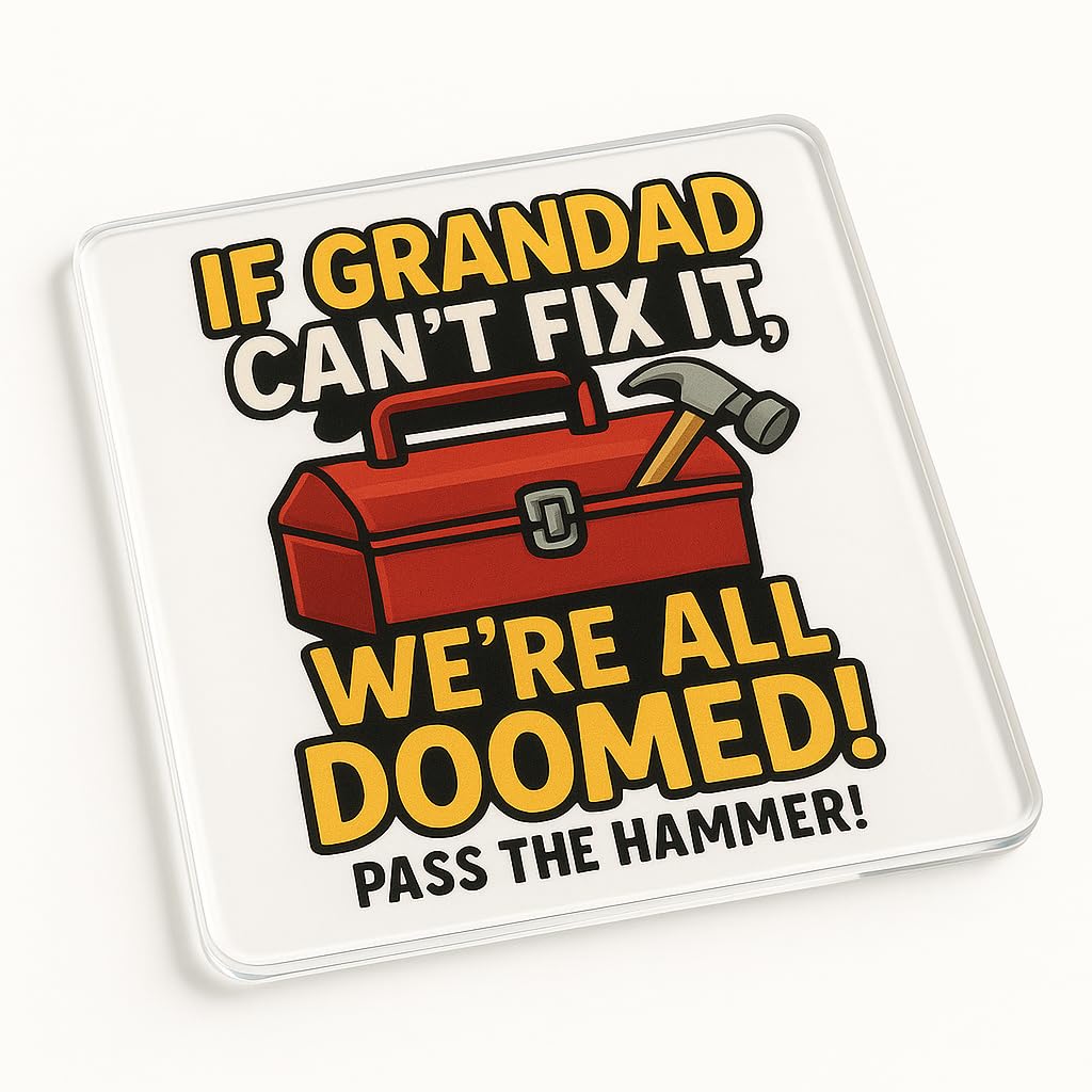 The Plum Penguin Grandads Fix-It Joy Funny Acrylic Coaster Gift For Grandad Birthday - Humorous Diy Cartoon Illustration Present For Father’s Day Or Christmas