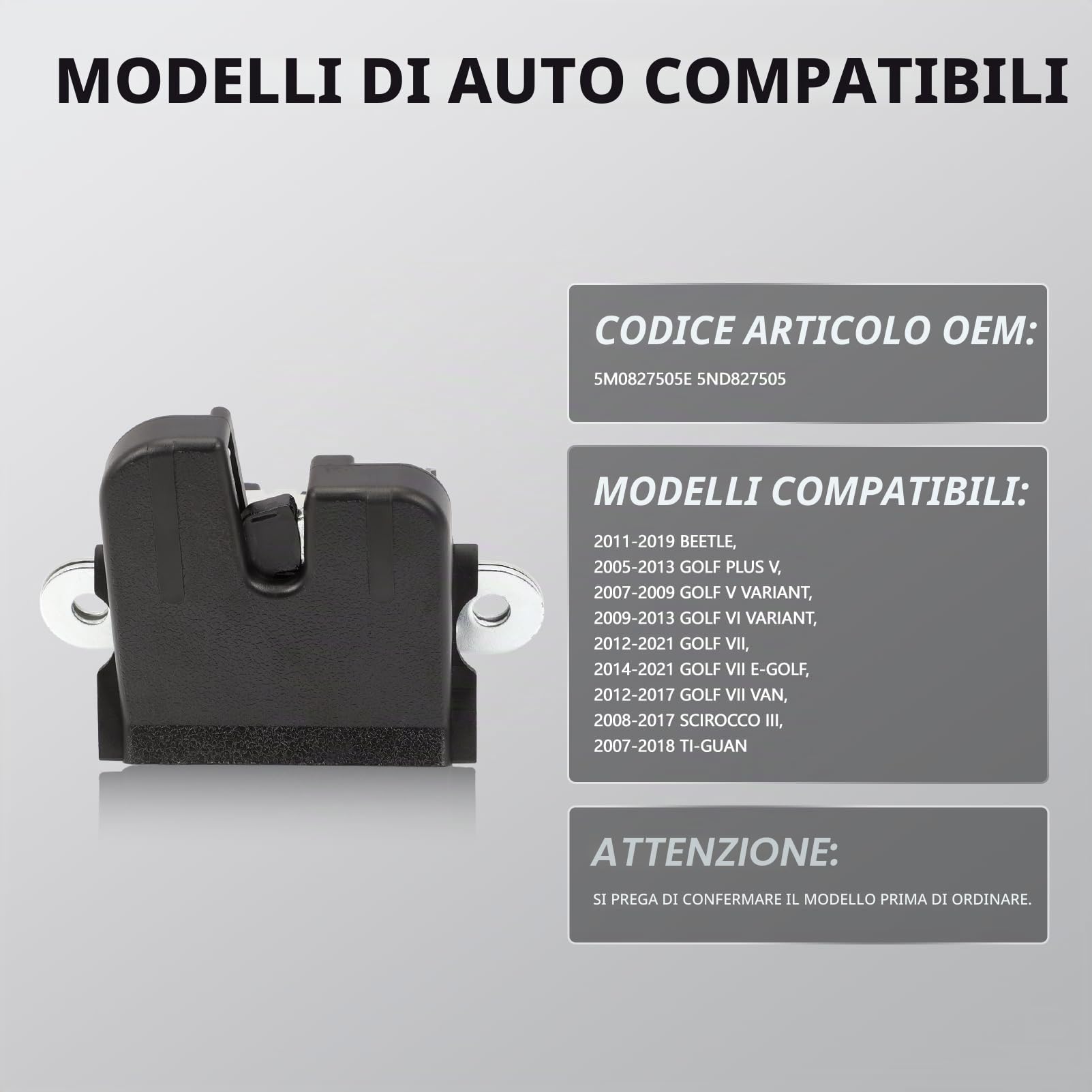 Serratura Portellone Bagagliaio 5M0827505E 1K6827505E do VW Golf MK5 MK6 Tiguan Seat Altea Leon Ibiza Toledo