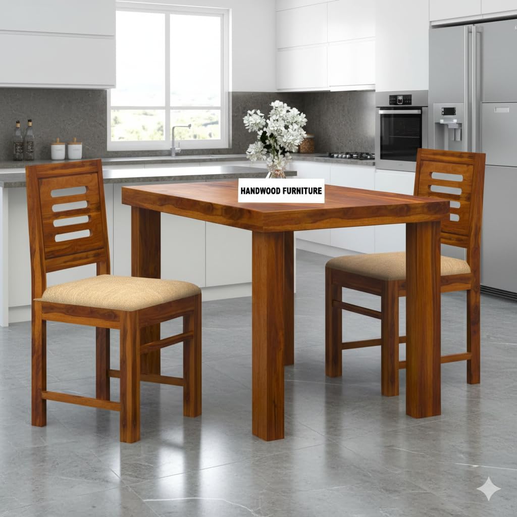 HANDWOOD FURNITURE Premium Sheesham Wood Dining Table(45x30) with 2 Chairs | 2 Seater Dining Set | 1 Year Warranty | Honey Finish with Cream Cushions -DIY(Do-It-Yourself)