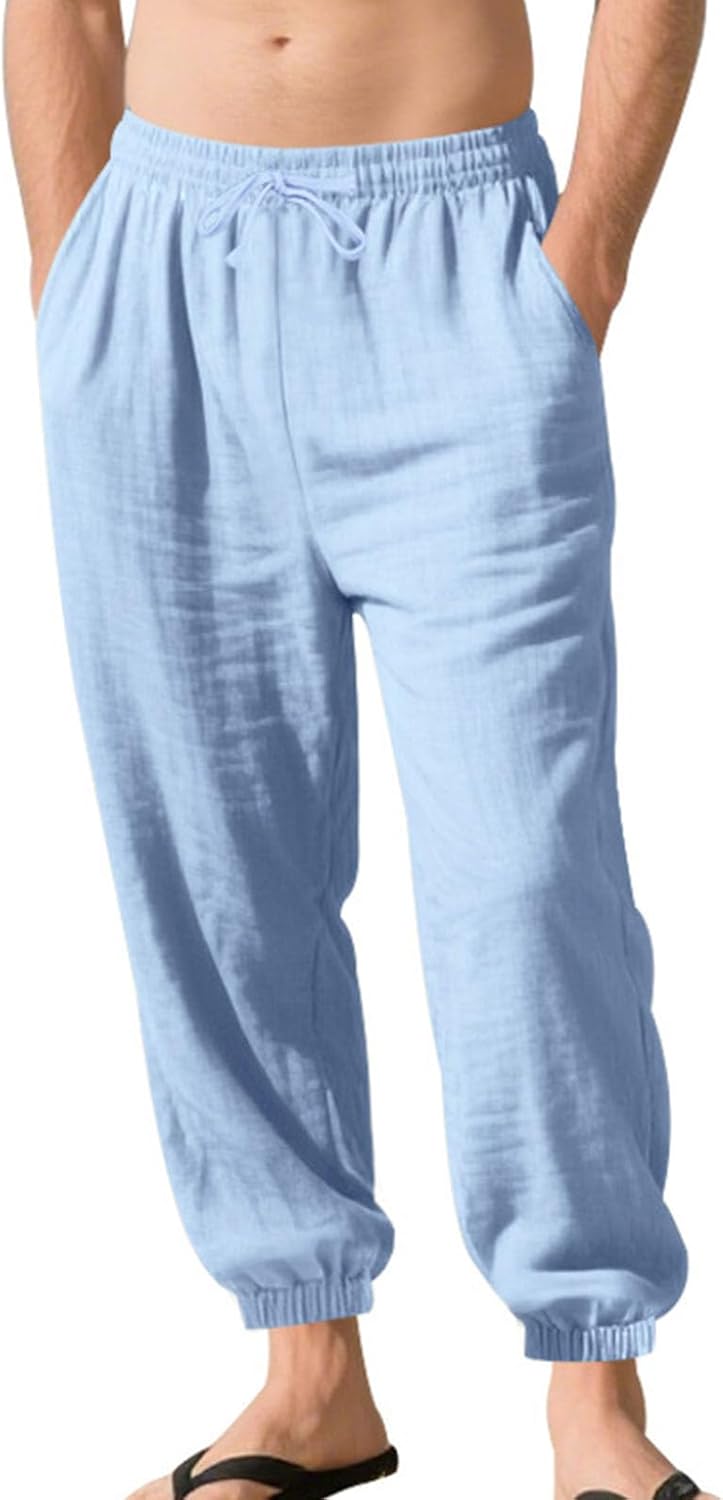 Mens Lightweight Pants Casual Beach Straight Elastic Waist Drawstring Jogging Summer Workout Trousers with Pockets