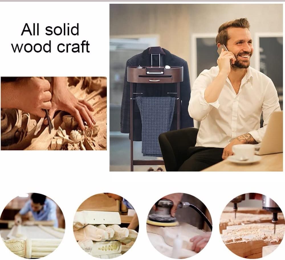 Coat Rack Floor Standing Clothes Valet, Wood Suit Valet Stand Clothes Rack with Anti-Slip Trouser Bar, Suit Valet Rack Stand with Drawer + Shelf, for Offic