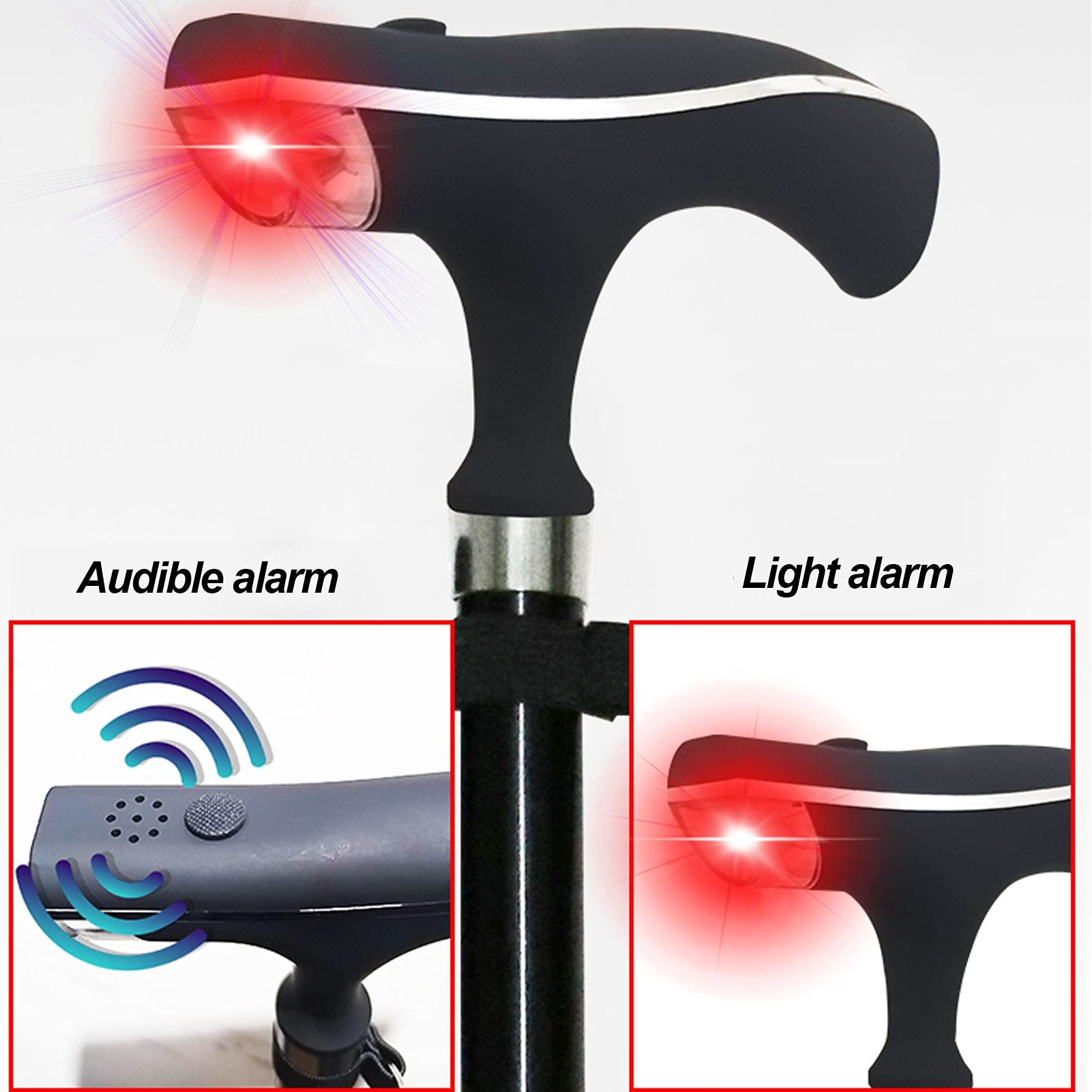 Bastón de Paseo Bastones para Mayores Canera portátil para caminar con DIRIGIÓ Luz para hombres y mujeres, mango de agarre ergonómico ajustable Nonslip Four DRONG Ancianos caminatas, cojinete de carga