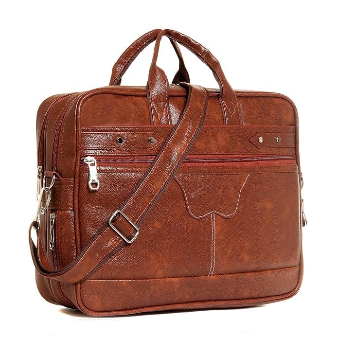 Image of Men's Synthetic Leather Messenger Bag, Brown, Professional Laptop Shoulder Bag with Adjustable Strap