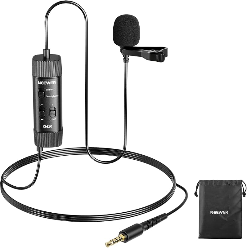 3.5mm TRRS Lavalier Lapel Microphone Plug & Play Mini Clip on Mic Omnidirectional Condenser for Camera Phone PC, Low Frequency Cut, Gain Control, Monitoring Headphone Jack, CM10