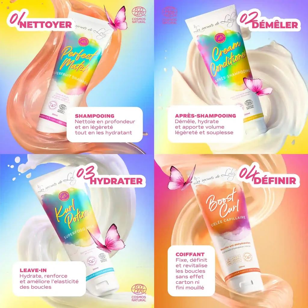 Les Secrets de Loly – Routine Cheveux Ondulés – Coffret 4 Étapes : Shampooing, Après-Shampooing, Leave-in Kurl Potion & Gelée Boost Curl – Définition & Légèreté – Vegan 97% Naturel – 4 x 250 ml