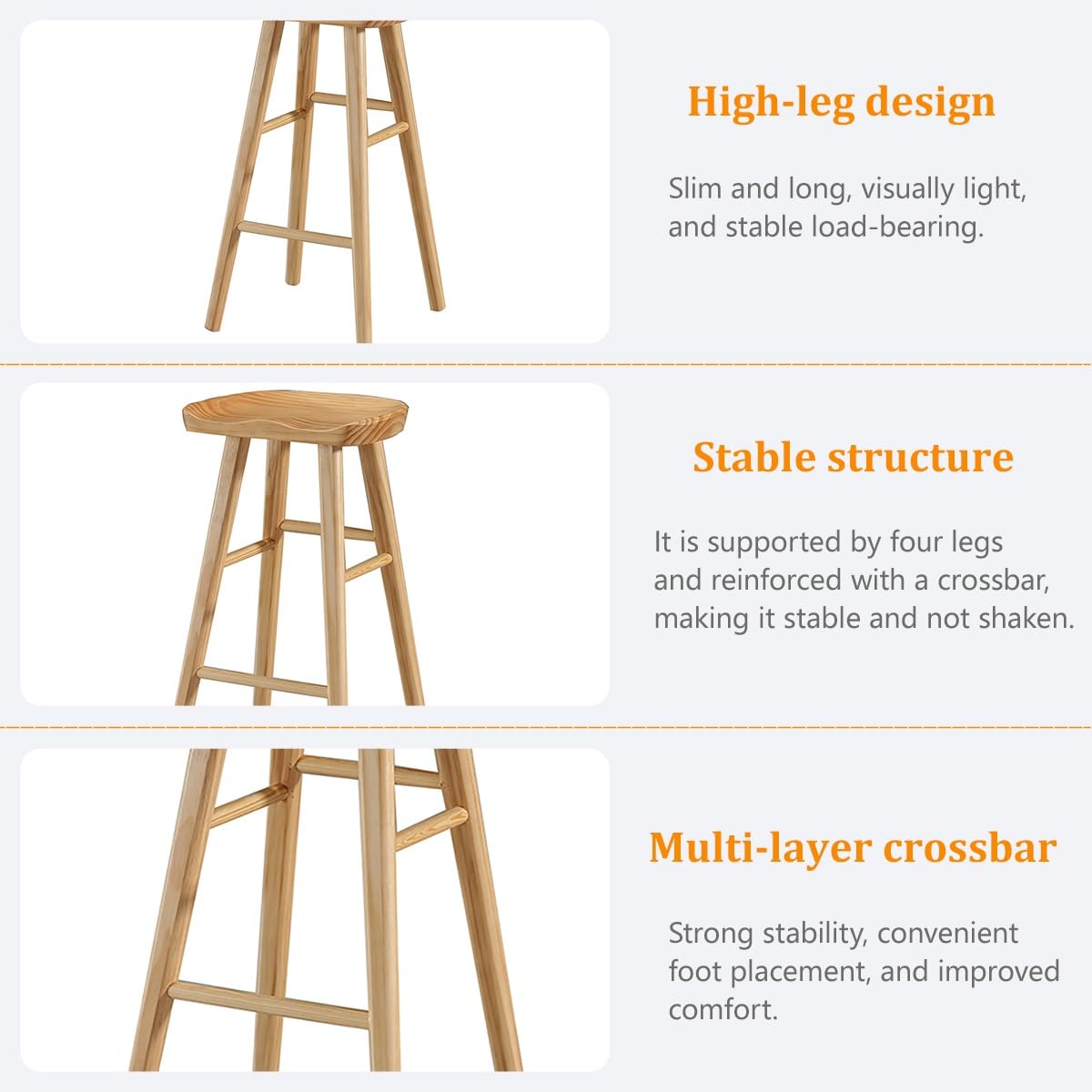 Set Di 1 Sgabelli Da Bar, Sgabello Cucina Con Legno Massello, Sgabelli Alti Moderni, Sedie Alte Con Gambe In Legno Con Poggiapiedi, Superficie Di Seduta Ergonomica Per Cucina Isola Sala Da Pranzo(Teak
