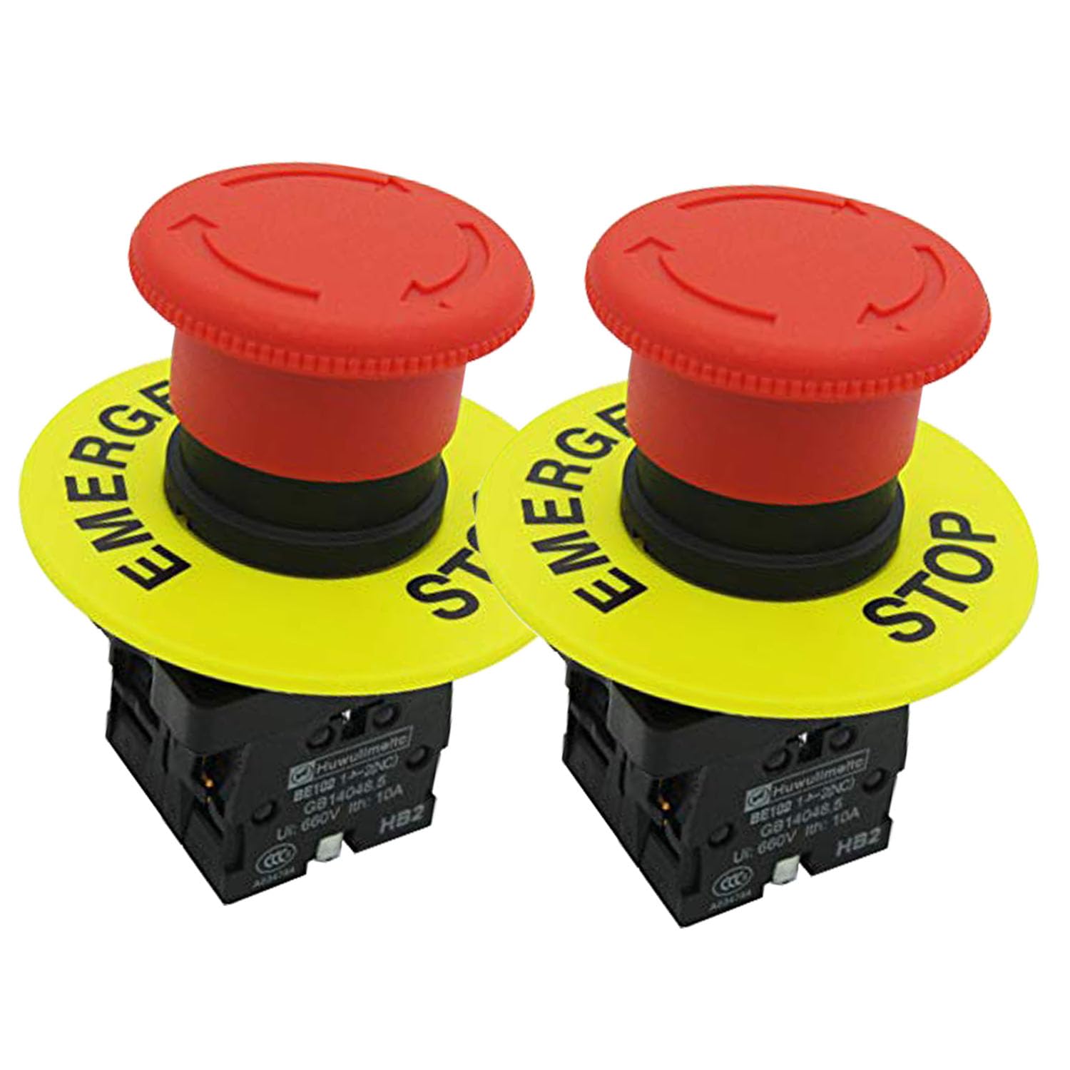 2pcs 22mm Rouge Interrupteur Champignon D'urgence AC 660V 10A 1NC 1NO Interrupteur à Bouton Avec Signal D'arrêt D'urgence