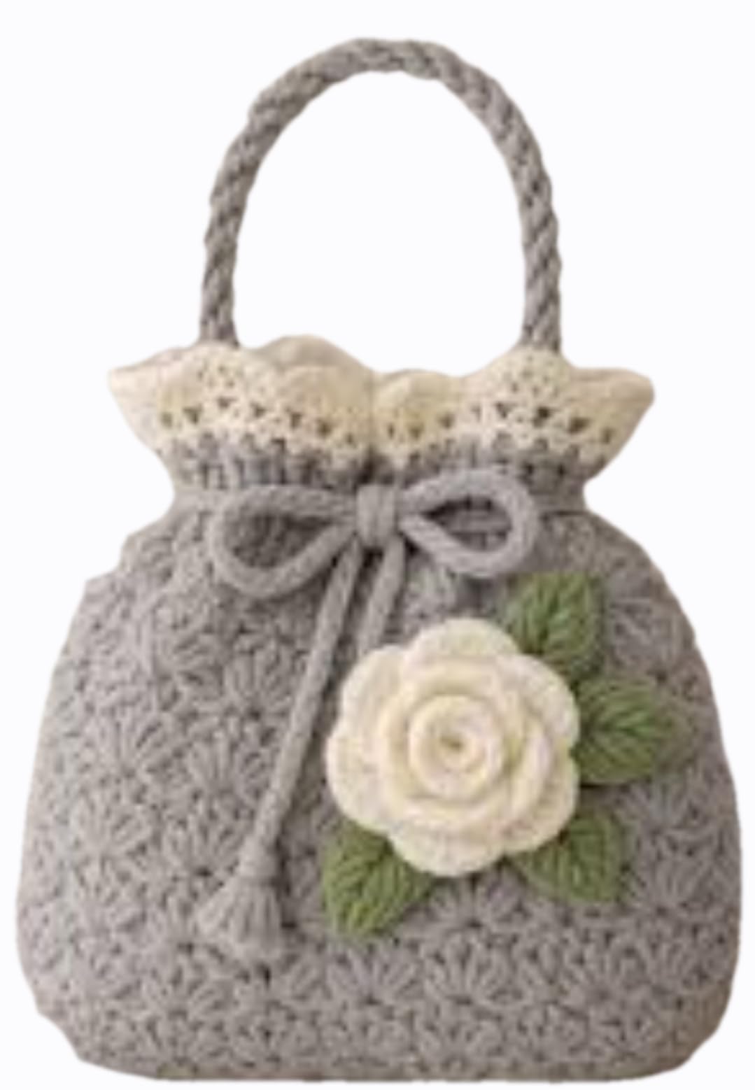 Handmade Crochet Drawstring Pouch Bag, Grey, 16 cm Base, with Rose Floral Embellishment, for All Ages-picture-32