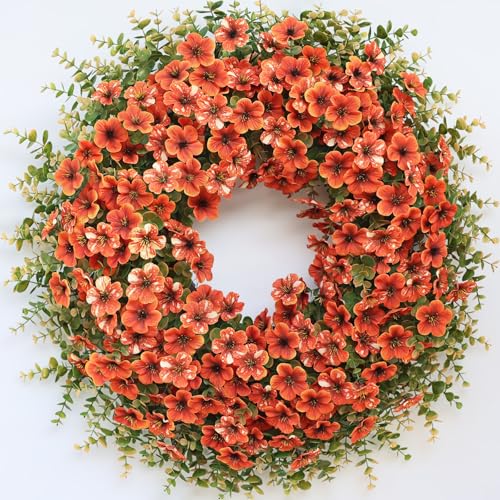 Image of 26 inch Large Artificial Silk Flower Eucalyptus Wreath for Outdoor(Fall Orange) | Large Silk Wreath, Faux Starry Sky Morning Glory Flowers&Eucalyptus Leaves, for Porch /Wall /Window /Farmhouse /Autumn Decoration